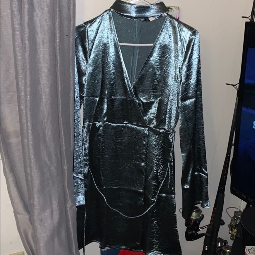 Metallic teal silk like dress. Brand new.